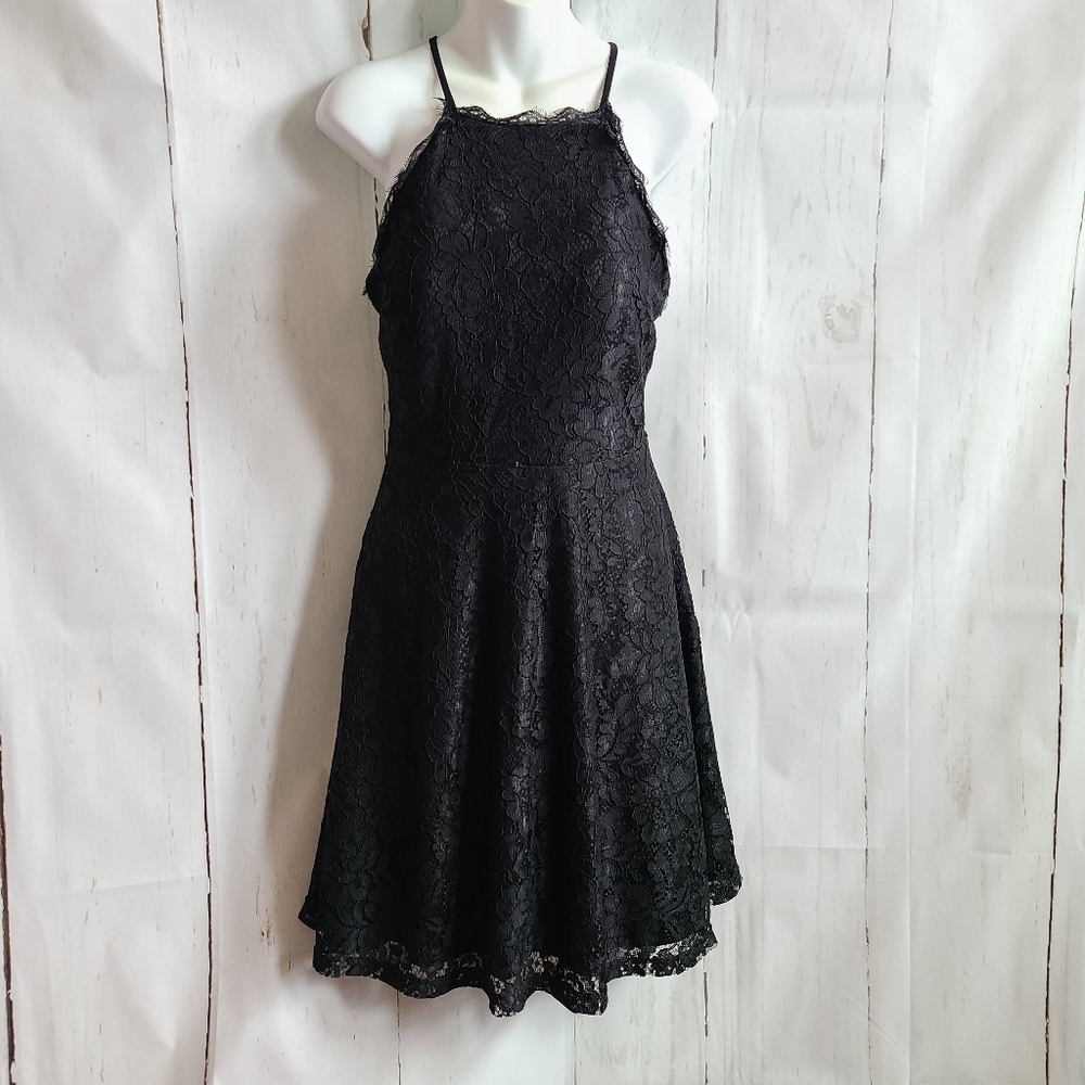 Aaron & amber black lace halter mini dress strappy back size large new prom